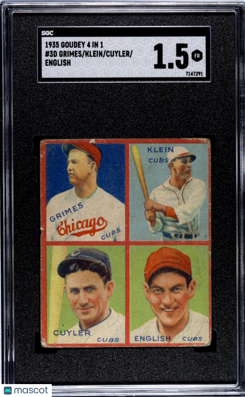 1935 Goudey 4 In 1 English Cuyler Klein Grimes #3D SGC 1.5